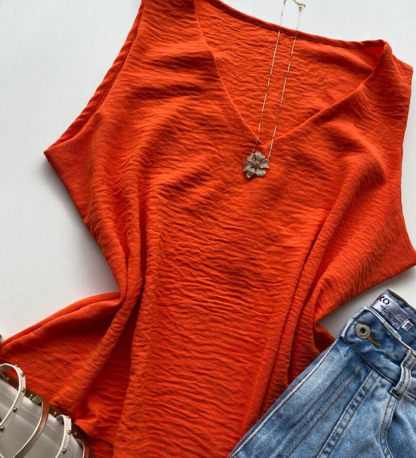 Regata Feminina Crepe Blossom Decote em V Laranja - Fernanda Ramos Store