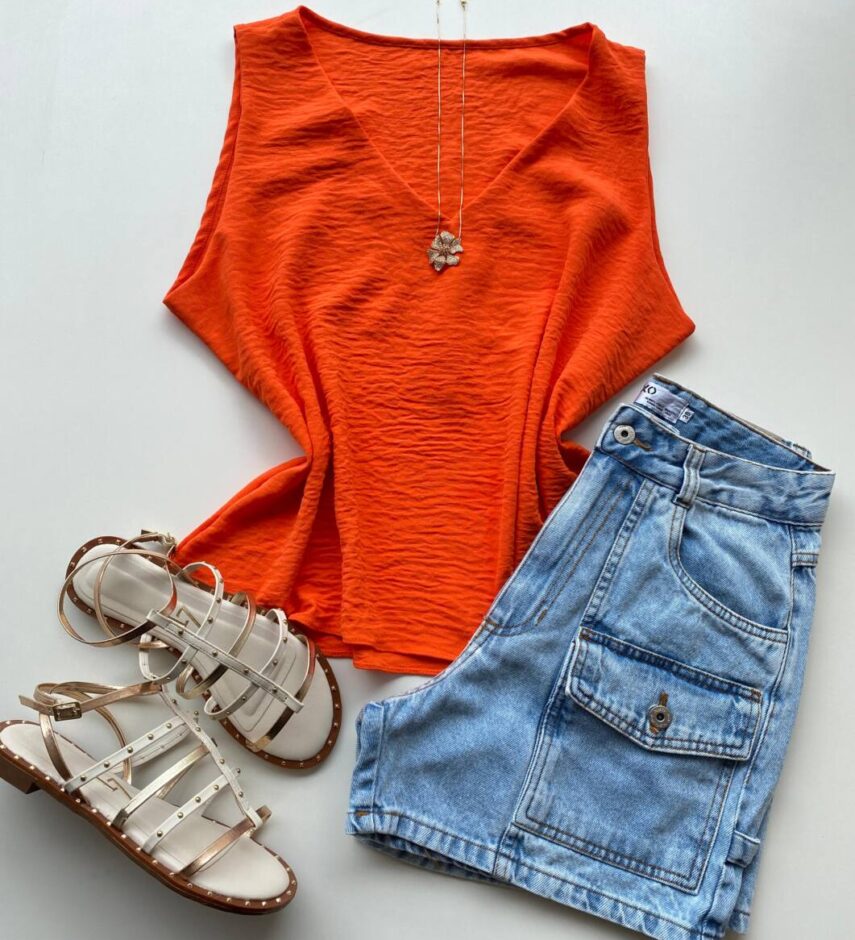 Regata Feminina Crepe Blossom Decote em V Laranja - Fernanda Ramos Store