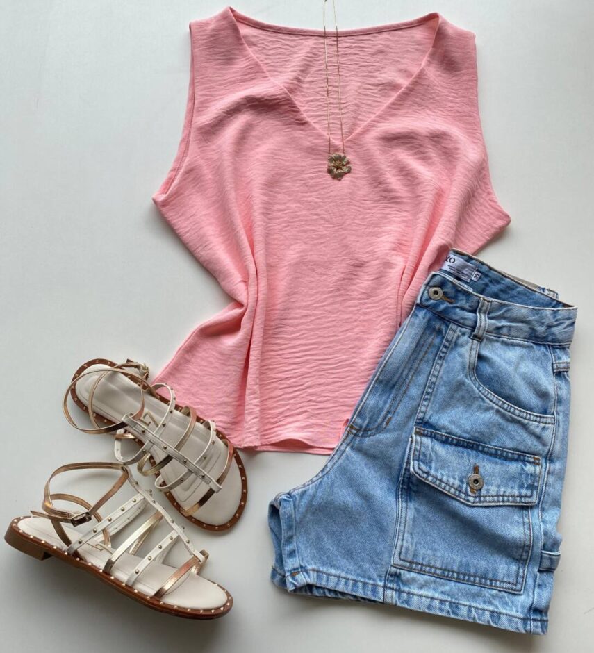 Regata Feminina Crepe Blossom Decote em V Rosa - Fernanda Ramos Store