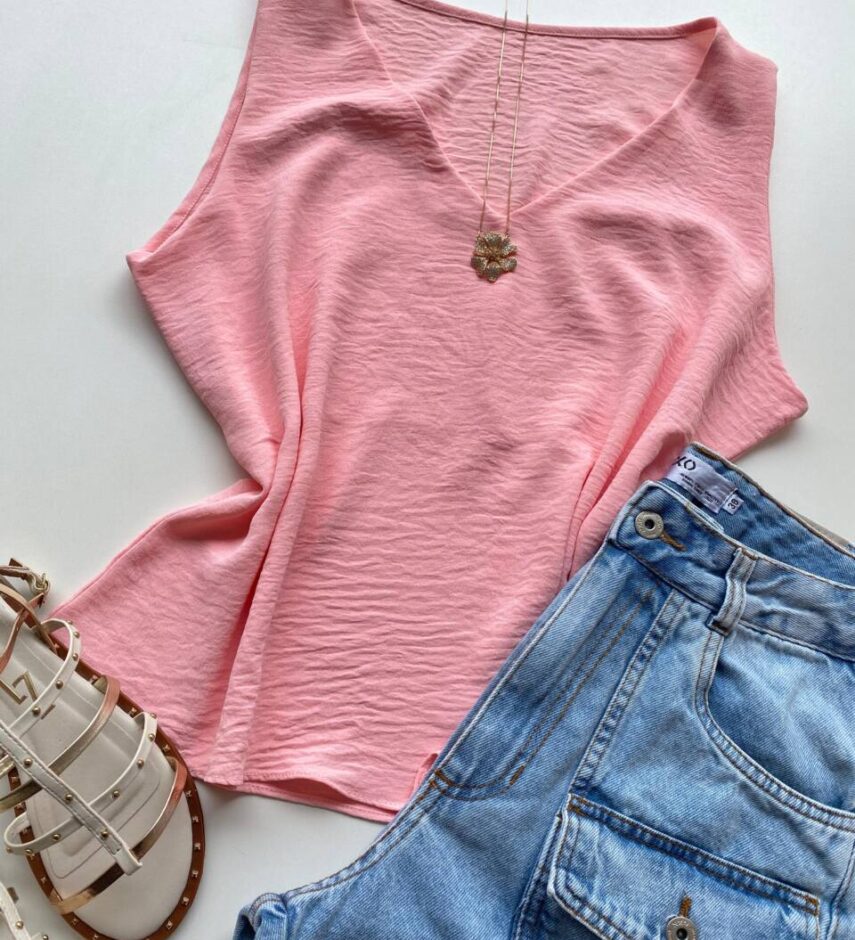 Regata Feminina Crepe Blossom Decote em V Rosa - Fernanda Ramos Store