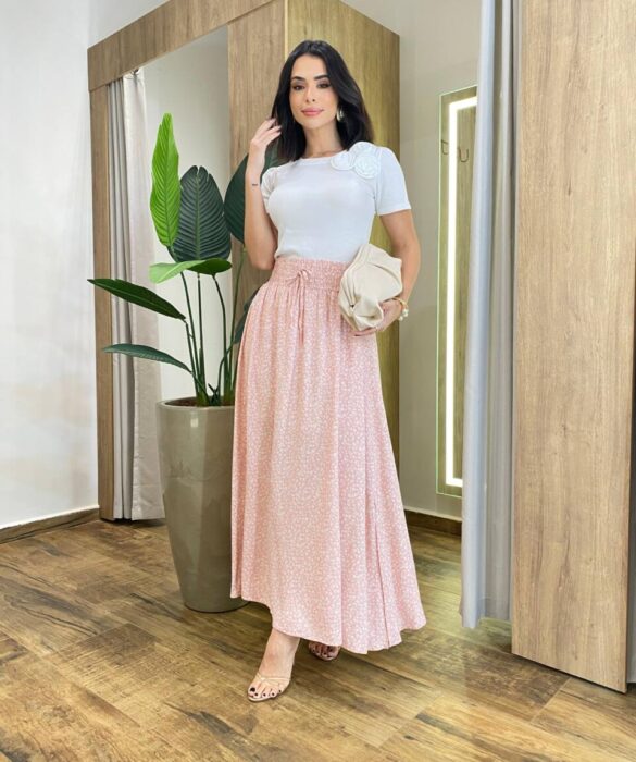 Saia Longa Feminina Bianca com Bolsos Estampada Rose - Fernanda Ramos Store