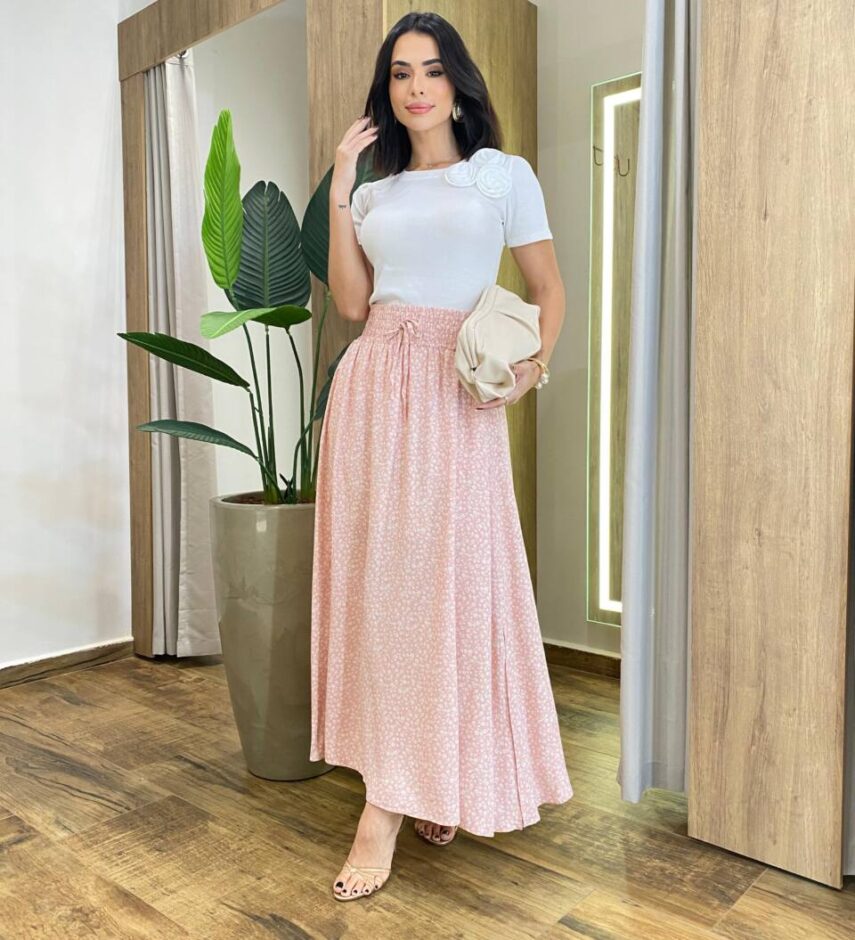 Saia Longa Feminina Bianca com Bolsos Estampada Rose - Fernanda Ramos Store