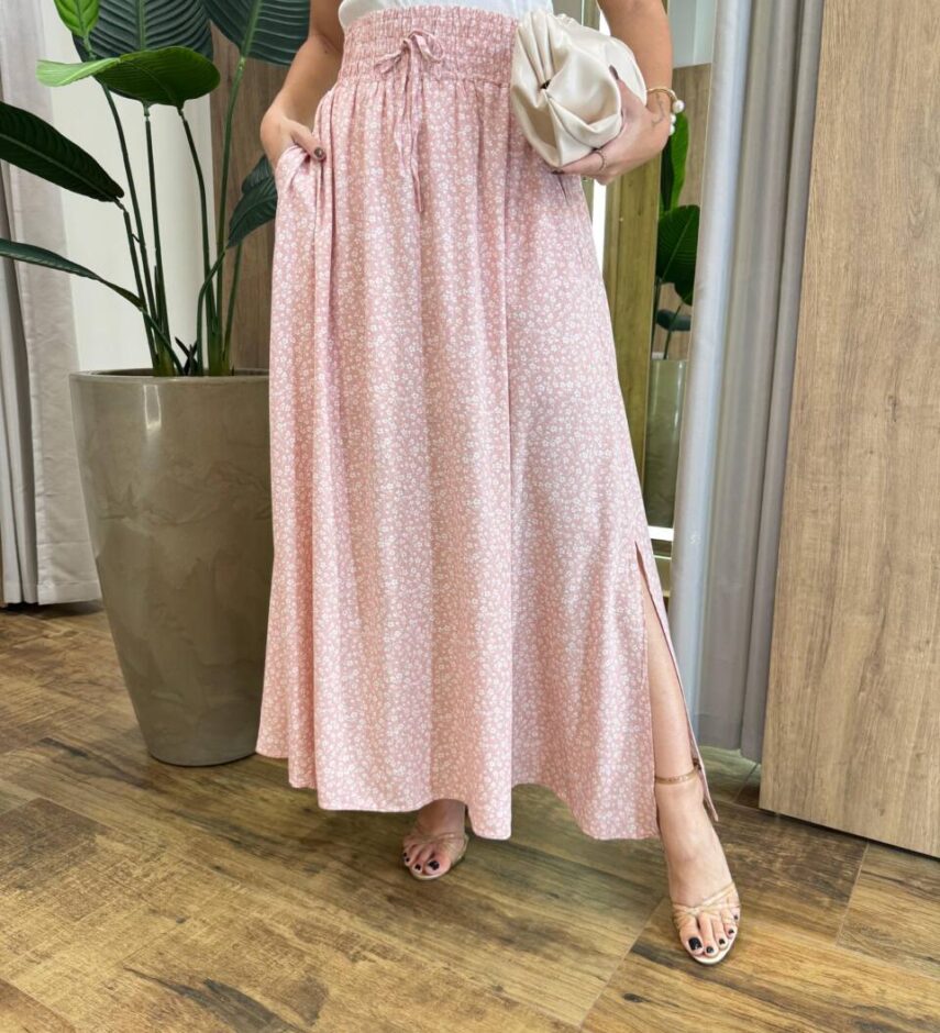 Saia Longa Feminina Bianca com Bolsos Estampada Rose - Fernanda Ramos Store