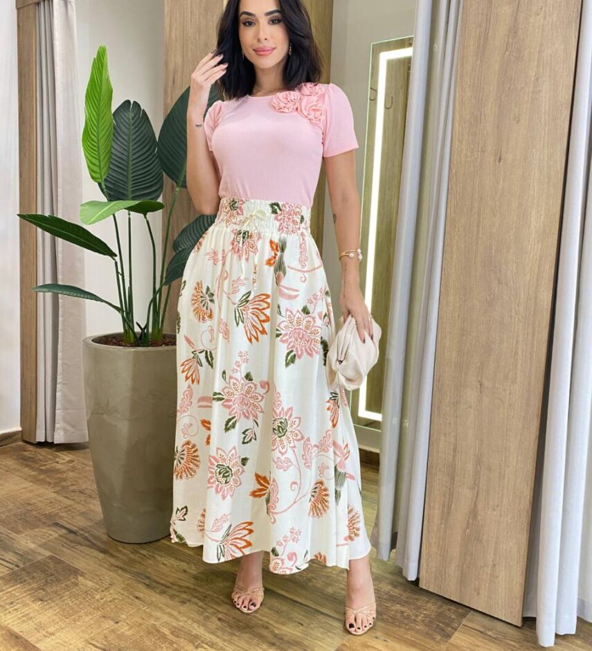 Saia Longa Feminina Julia com Bolsos Estampa Tropical Off White - Fernanda Ramos Store