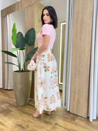 Saia Longa Feminina Julia com Bolsos Estampa Tropical Off White - Fernanda Ramos Store