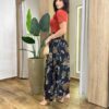 Saia Longa Feminina Julia com Bolsos Estampa Tropical Preta - Fernanda Ramos Store