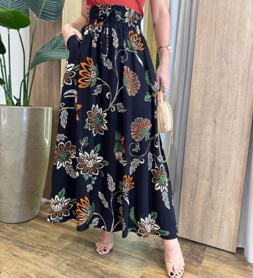Saia Longa Feminina Julia com Bolsos Estampa Tropical Preta - Fernanda Ramos Store