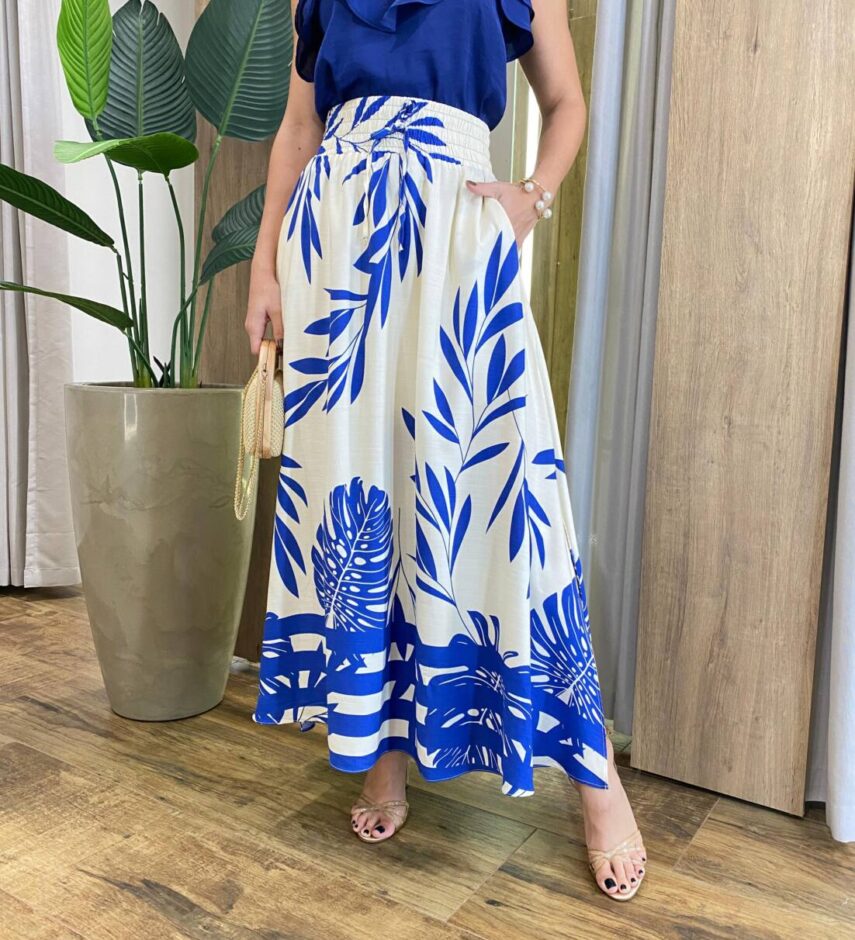 Saia Longa Feminina Sandy com Bolsos Estampa Florais Azul - Fernanda Ramos Store