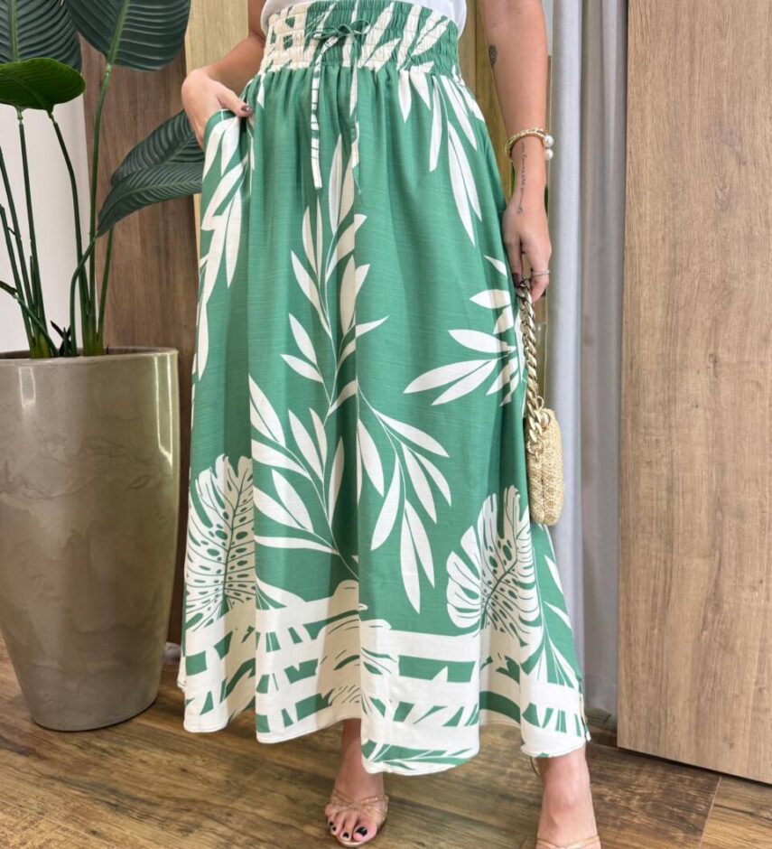 Saia Longa Feminina Sandy com Bolsos Estampa Florais Verde - Fernanda Ramos Store