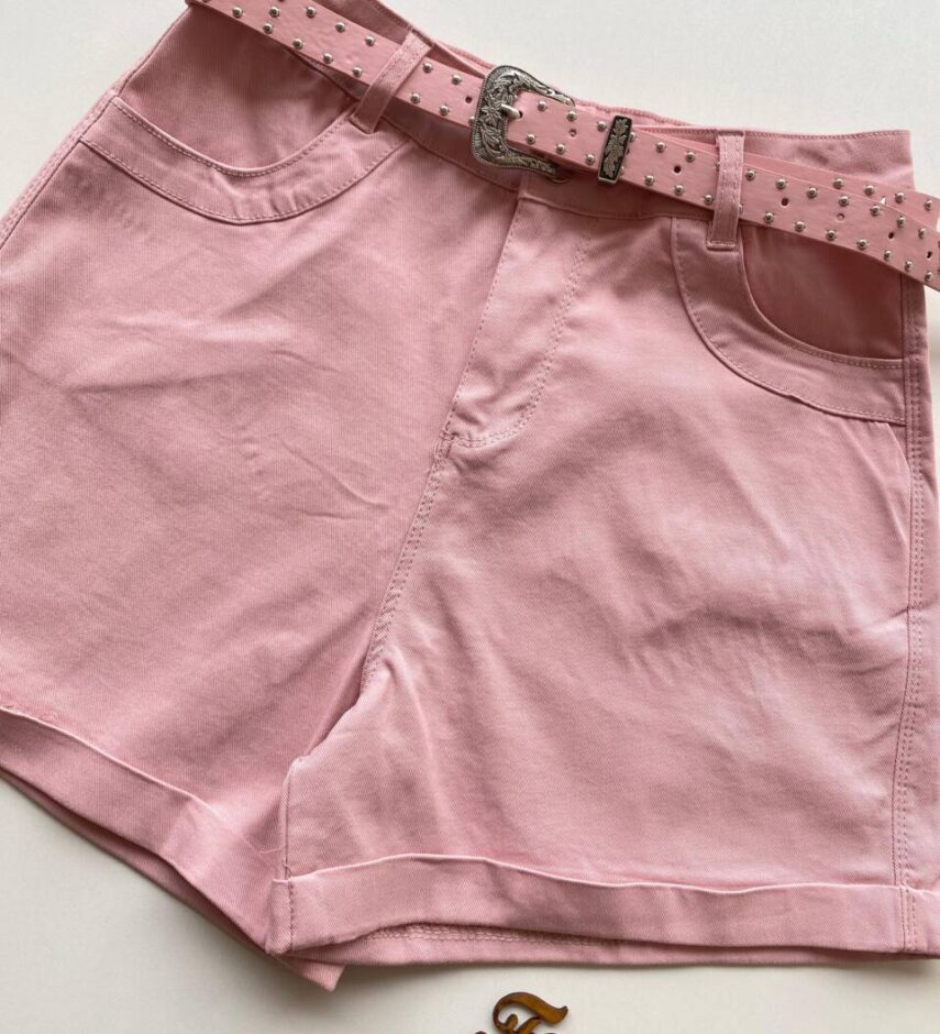 Short Feminino Bruna Sarja com Bolsos e Cinto Rosa - Fernanda Ramos Store
