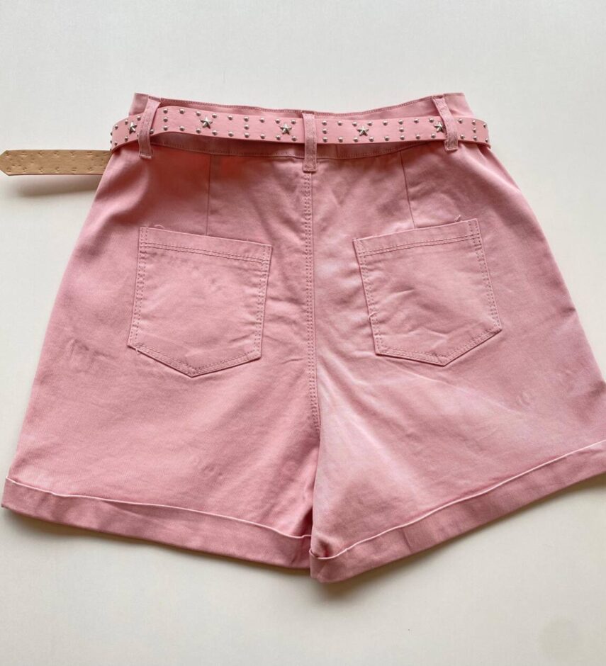 Short Feminino Bruna Sarja com Bolsos e Cinto Rosa - Fernanda Ramos Store