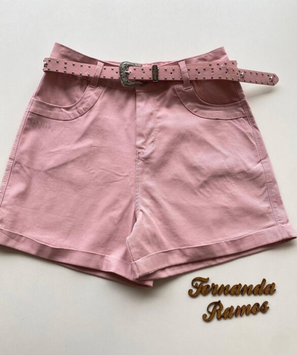 Short Feminino Bruna Sarja com Bolsos e Cinto Rosa - Fernanda Ramos Store