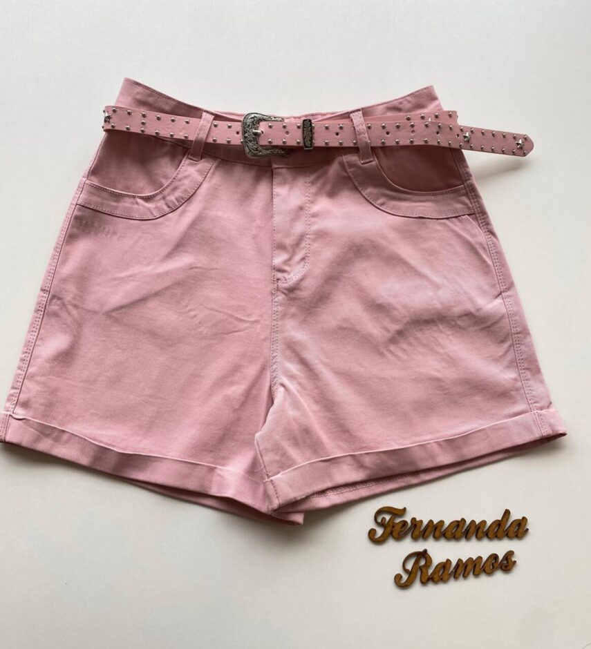 Short Feminino Bruna Sarja com Bolsos e Cinto Rosa - Fernanda Ramos Store