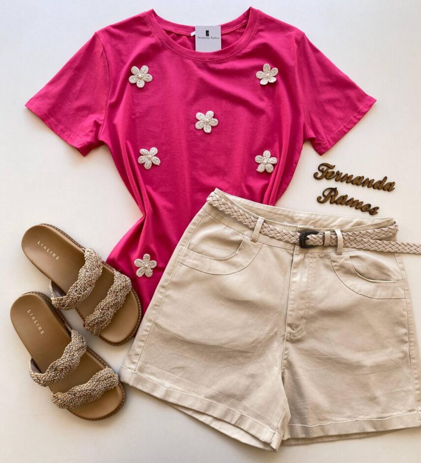 T-shirt Feminina Manga Curta Bella Mini flores em Crochê Pink - Fernanda Ramos Store