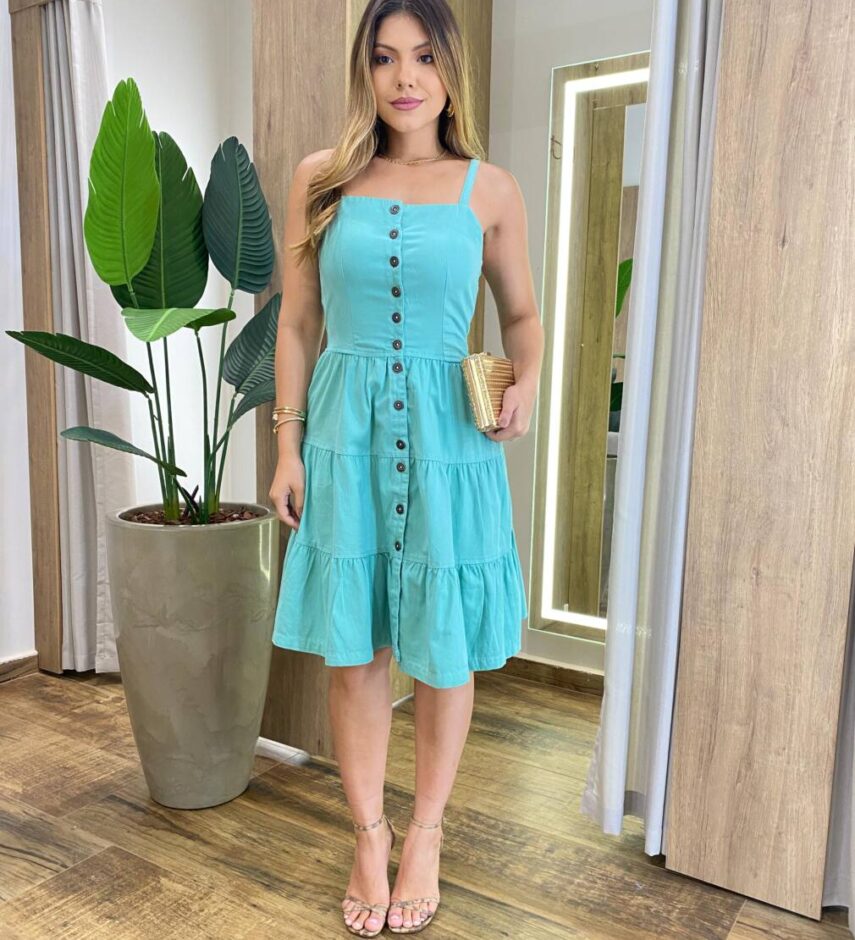 Vestido Curto Estela sem Bojo com Alça Regulável e Botões Verde - Fernanda Ramos Store