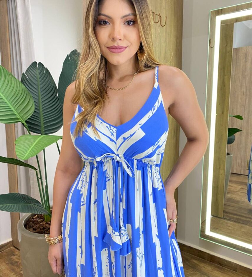 Vestido Feminino Longo Cris com Bojo Amarração Estampado Azul - Fernanda Ramos Store
