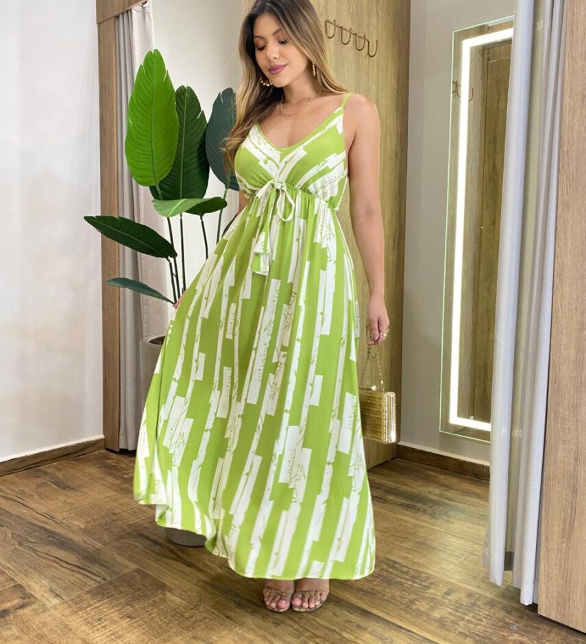 Vestido Feminino Longo Cris com Bojo Amarração Estampado Verde - Fernanda Ramos Store