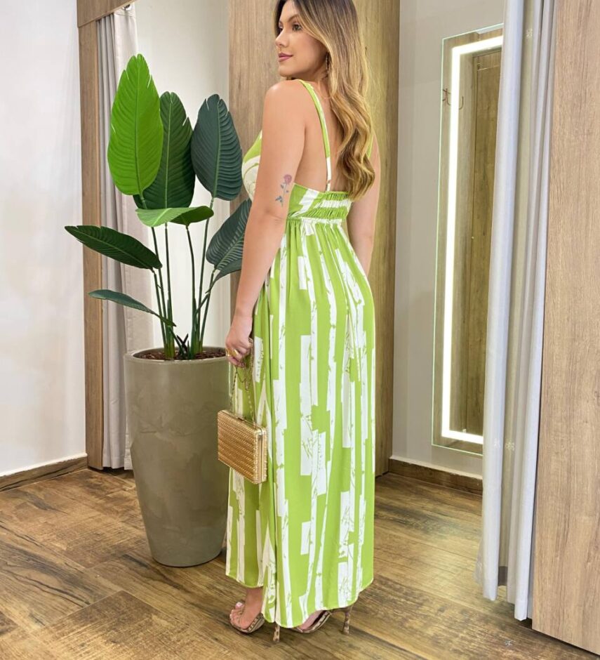 Vestido Feminino Longo Cris com Bojo Amarração Estampado Verde - Fernanda Ramos Store