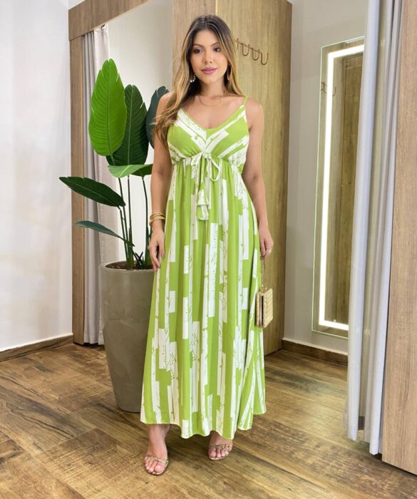 Vestido Feminino Longo Cris com Bojo Amarração Estampado Verde - Fernanda Ramos Store