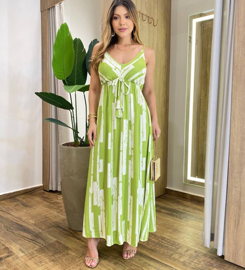 Vestido Feminino Longo Cris com Bojo Amarração Estampado Verde - Fernanda Ramos Store