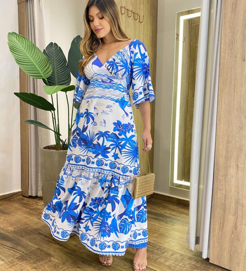 Vestido Feminino Longo Manga Curta Cecilia Estampado Off White - Fernanda Ramos Store