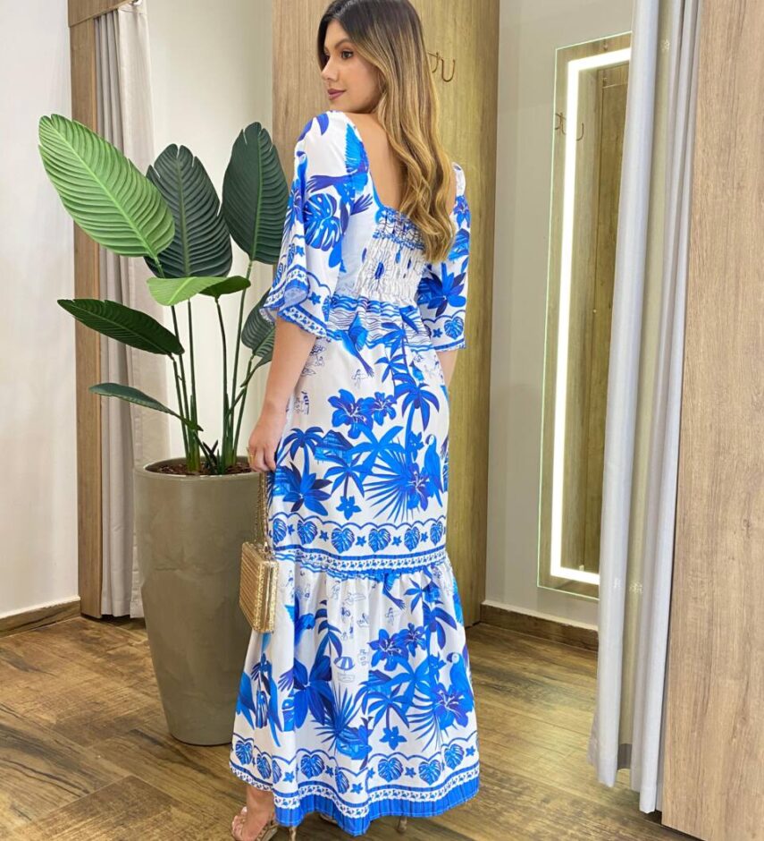 Vestido Feminino Longo Manga Curta Cecilia Estampado Off White - Fernanda Ramos Store