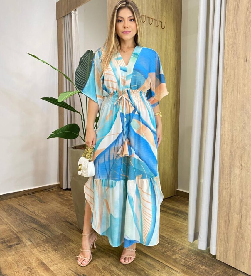 Vestido Feminino Longo Manga Curta sem Bojo Mix de Estampas - Fernanda Ramos Store