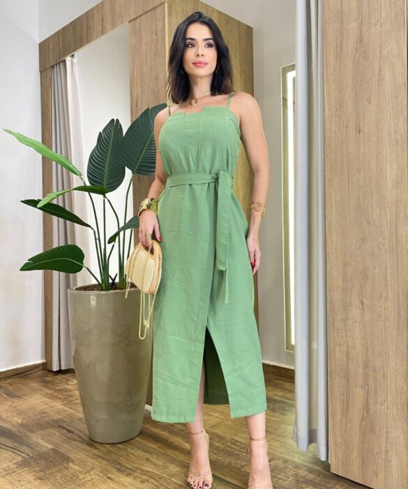 Vestido Feminino Midi Laura com Bojo Amarração e Fenda Frontal Verde - Fernanda Ramos Store