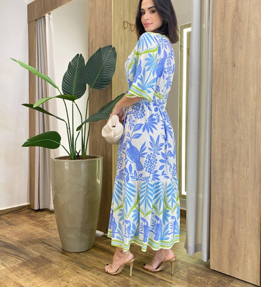 Vestido Feminino Midi Lidia Manga Curta sem Bojo Estampado Off White - Fernanda Ramos Store