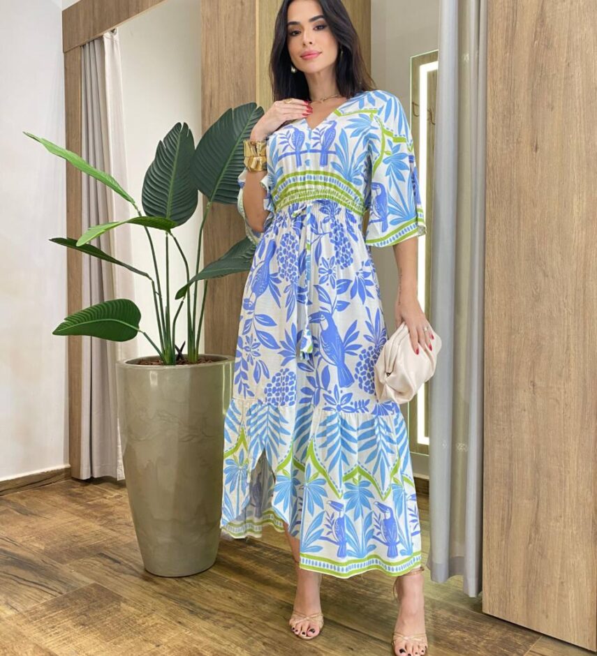 Vestido Feminino Midi Lidia Manga Curta sem Bojo Estampado Off White - Fernanda Ramos Store