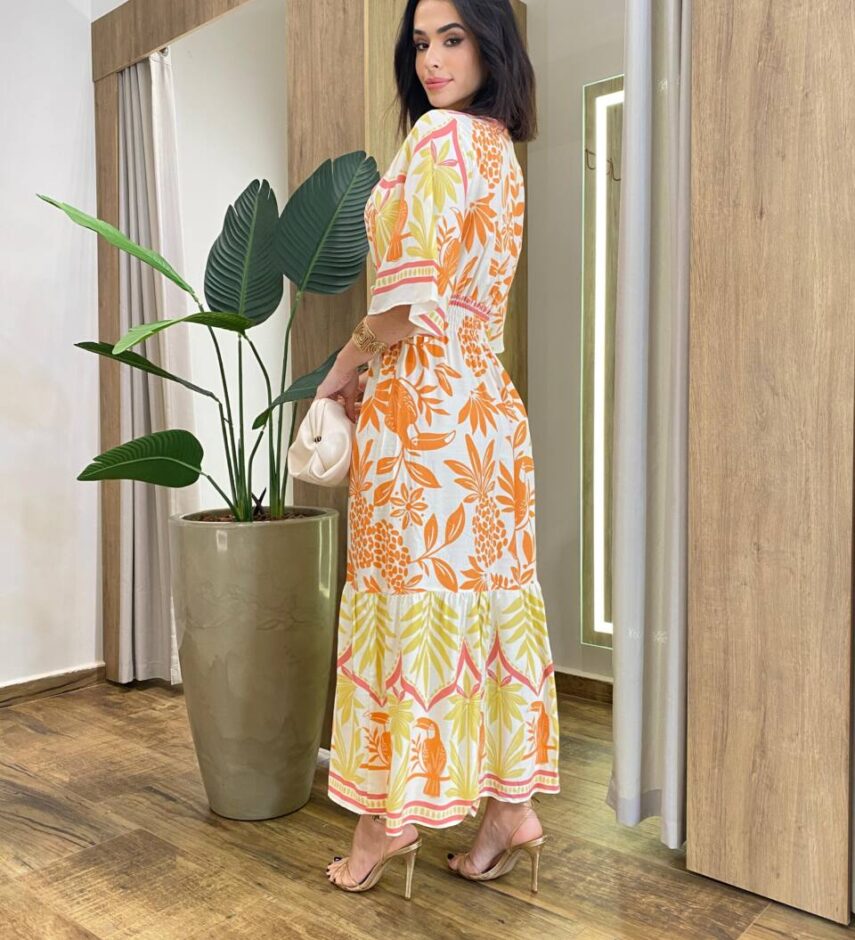 Vestido Feminino Midi Lidia Manga Curta sem Bojo Off White Estampado - Fernanda Ramos Store