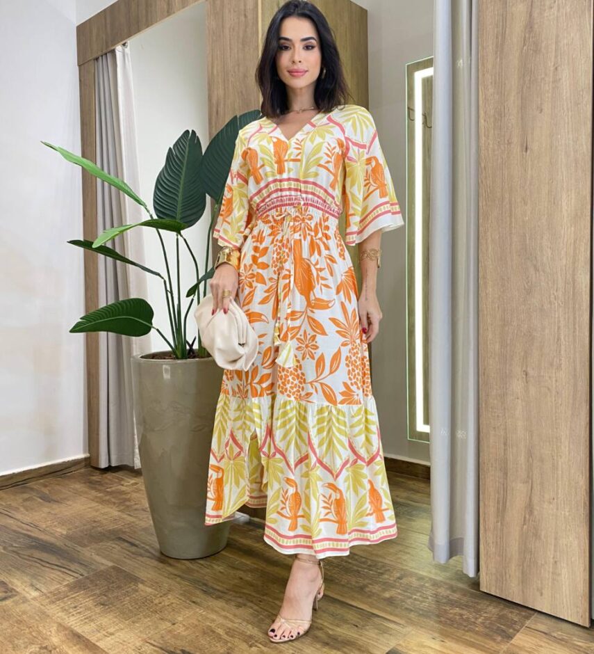 Vestido Feminino Midi Lidia Manga Curta sem Bojo Off White Estampado - Fernanda Ramos Store