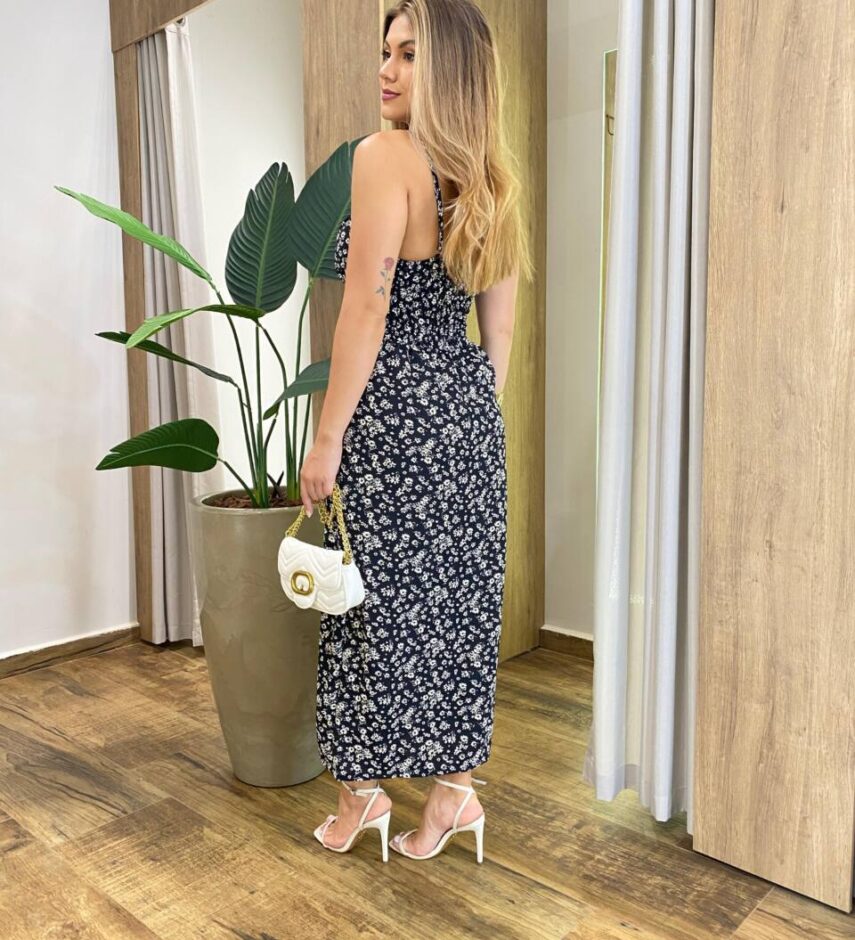 Vestido Feminino Midi Magie com Bojo Alça Regulável Estampado Preto - Fernanda Ramos Store