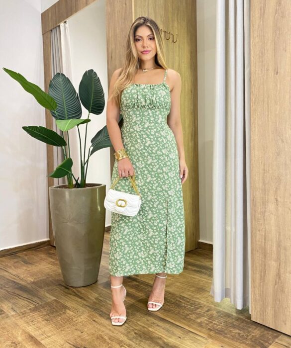 Vestido Feminino Midi Magie com Bojo Alça Regulável Estampado Verde - Fernanda Ramos Store