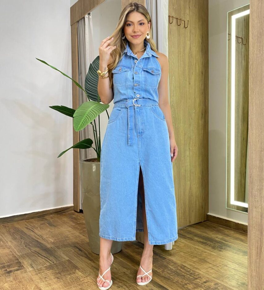 Vestido Feminino Midi Natacha Jeans Botões e Amarração - Fernanda Ramos Store