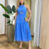 Vestido Feminino Midi Samantha com Bojo Bordado e Fenda Azul - Fernanda Ramos Store