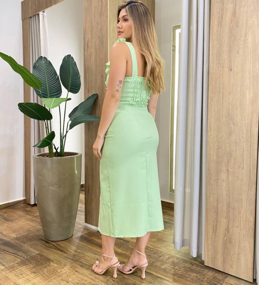 Vestido Feminino Midi Zoe sem Bojo Babado e Fenda Lateral Verde - Fernanda Ramos Store