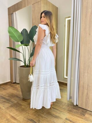 Vestido Longo Agatha sem Bojo Bordado em Guipir Branco - Fernanda Ramos Store