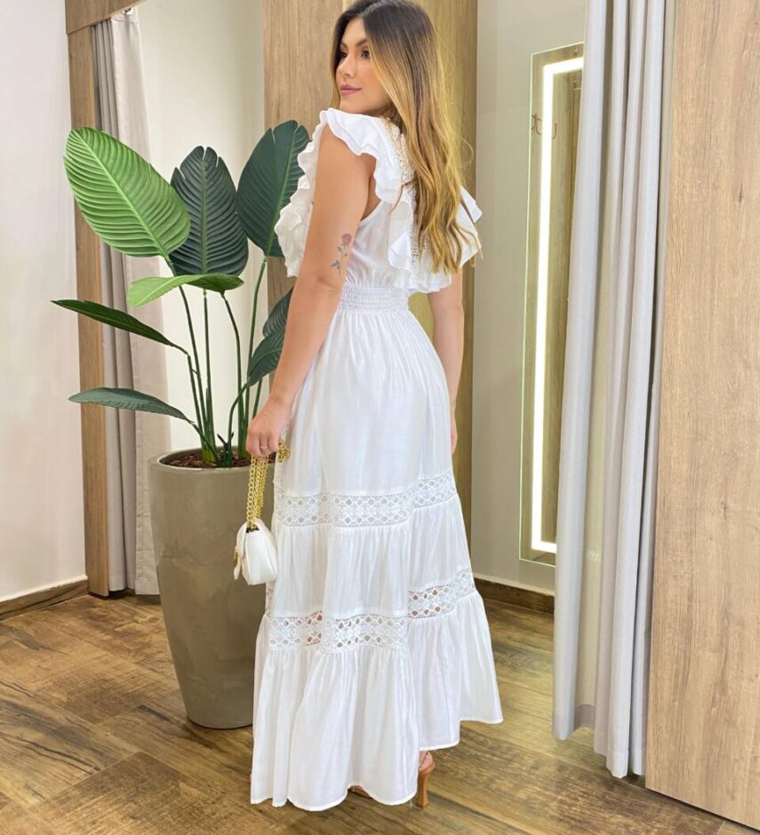 Vestido Longo Agatha sem Bojo Bordado em Guipir Branco - Fernanda Ramos Store