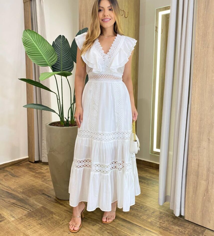 Vestido Longo Agatha sem Bojo Bordado em Guipir Branco - Fernanda Ramos Store