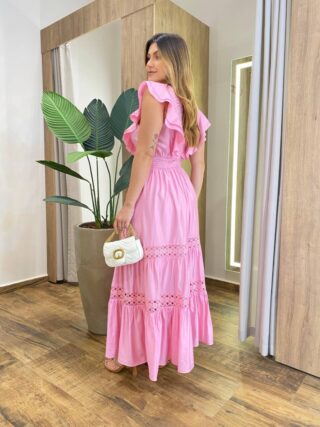 Vestido Longo Agatha sem Bojo Bordado em Guipir Rosa - Fernanda Ramos Store