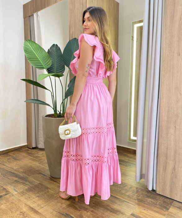 Vestido Longo Agatha sem Bojo Bordado em Guipir Rosa - Fernanda Ramos Store