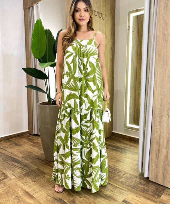 Vestido Longo Bata Gisele sem Bojo Alça Regulável Estampado Off White - Fernanda Ramos Store