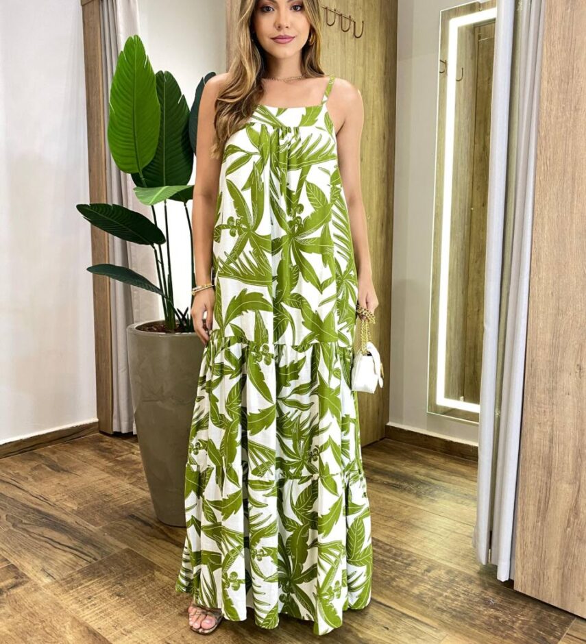Vestido Longo Bata Gisele sem Bojo Alça Regulável Estampado Off White - Fernanda Ramos Store