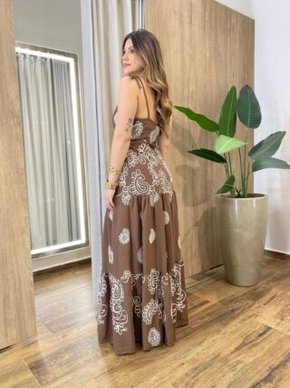 Vestido Longo Bia sem Bojo Marrom Bordado com Zíper na Lateral - Fernanda Ramos Store