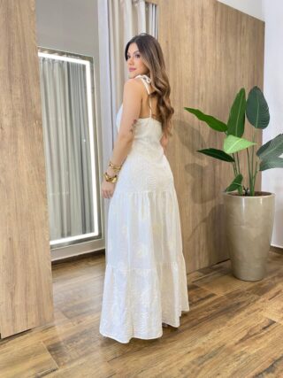 Vestido Longo Bia sem Bojo Nude Bordado com Zíper na Lateral - Fernanda Ramos Store
