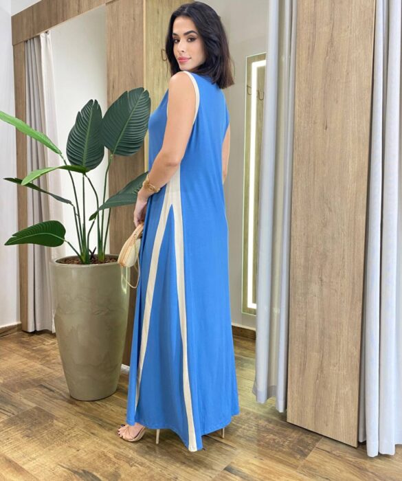 Vestido Longo Eliza Malha sem Bojo Detalhe em Fenda Azul - Fernanda Ramos Store