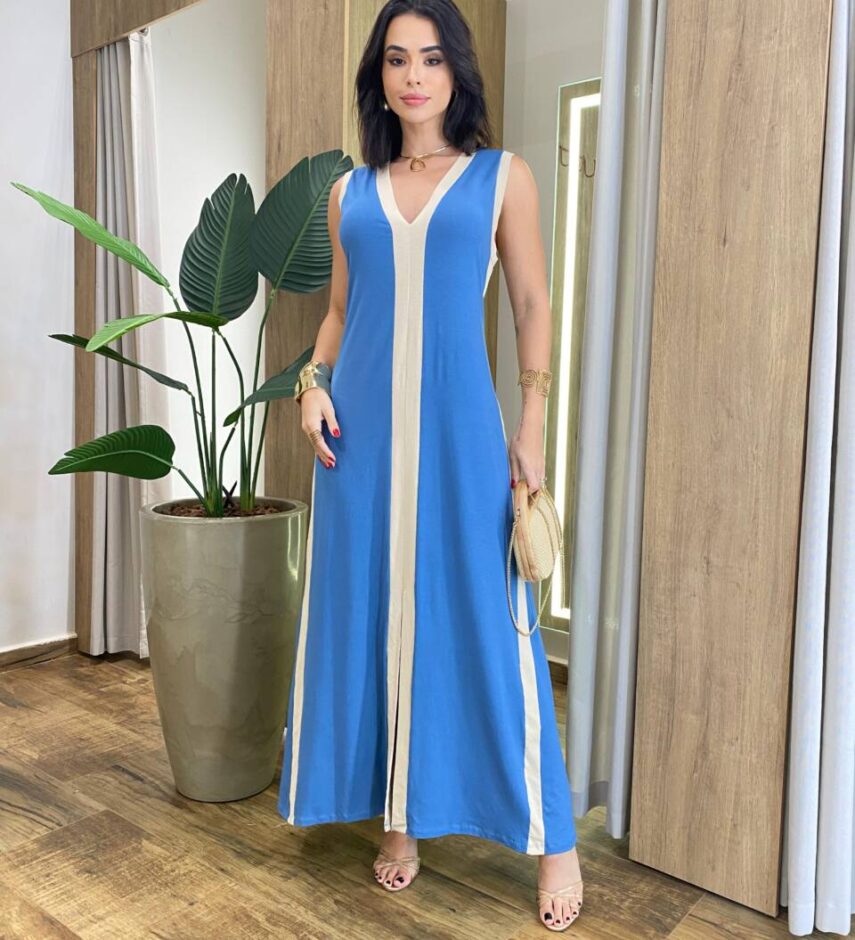 Vestido Longo Eliza Malha sem Bojo Detalhe em Fenda Azul - Fernanda Ramos Store