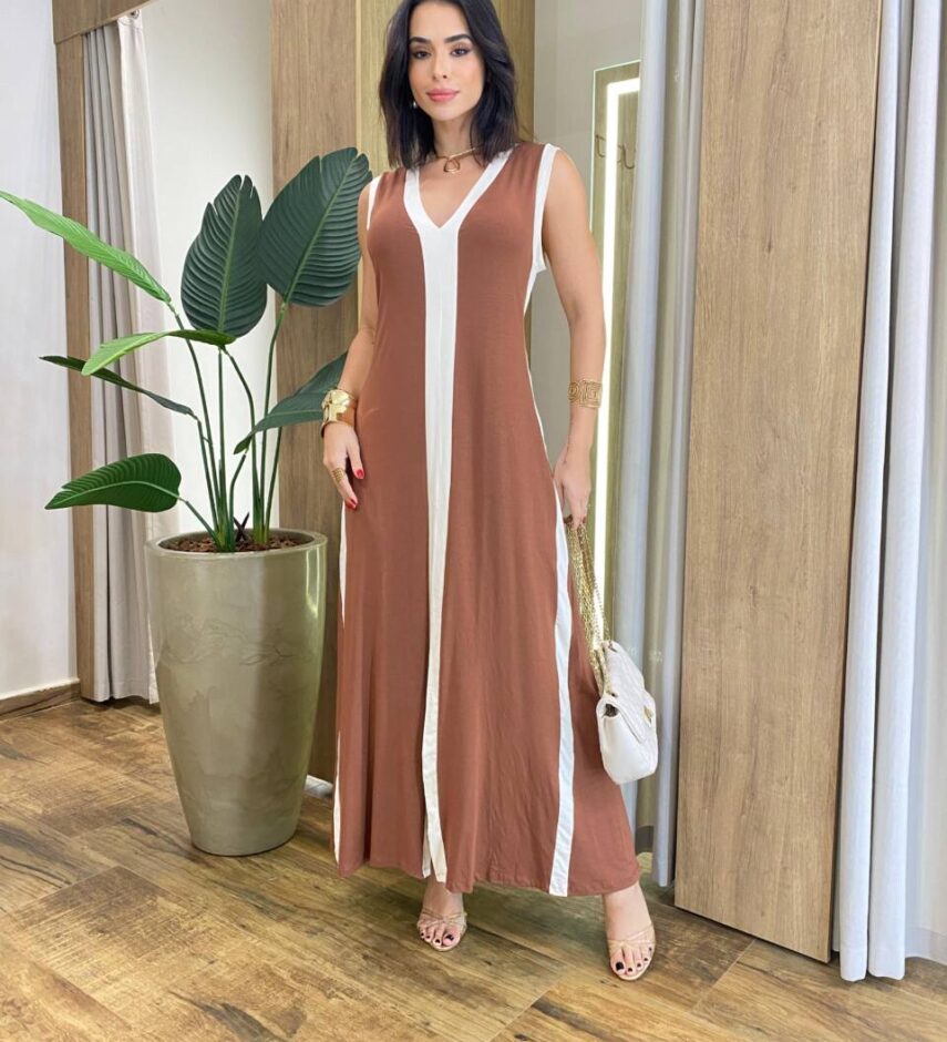Vestido Longo Eliza Malha sem Bojo Detalhe em Fenda Marrom - Fernanda Ramos Store