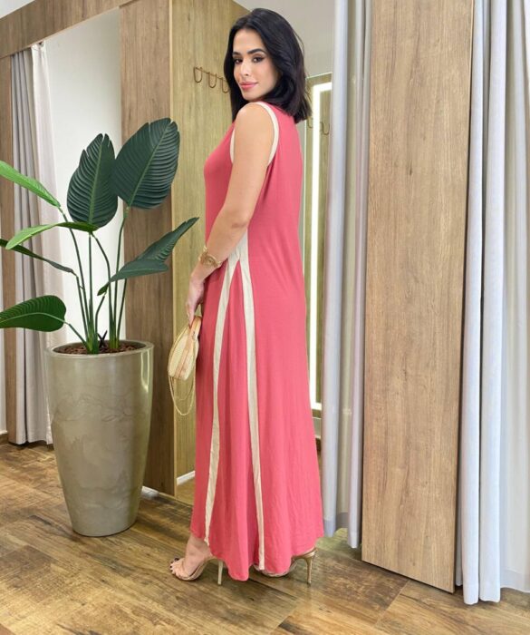 Vestido Longo Eliza Malha sem Bojo Detalhe em Fenda Rose - Fernanda Ramos Store